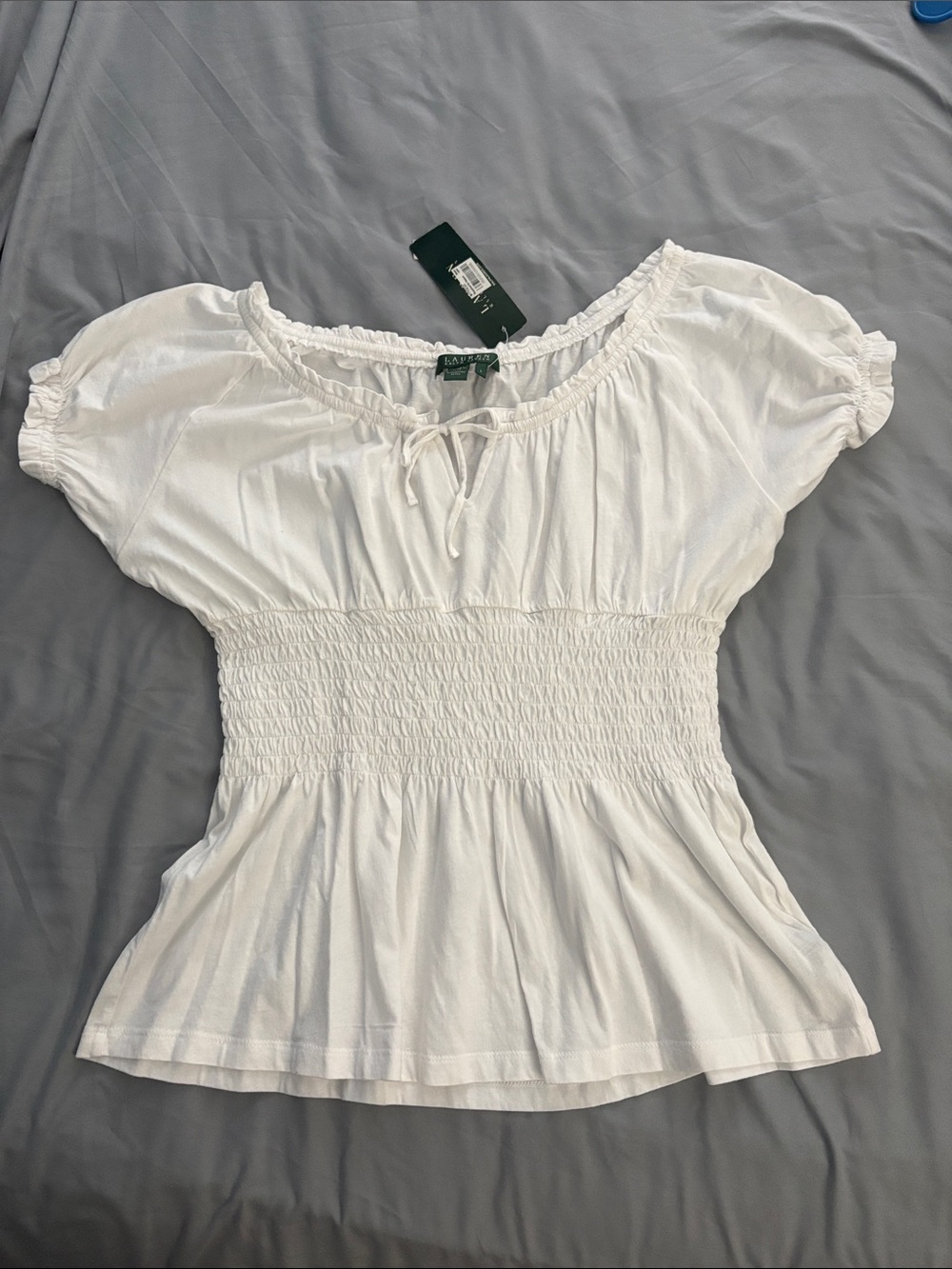 Lauren Ralph Lauren White Smocked Waist Peasant Top NWT